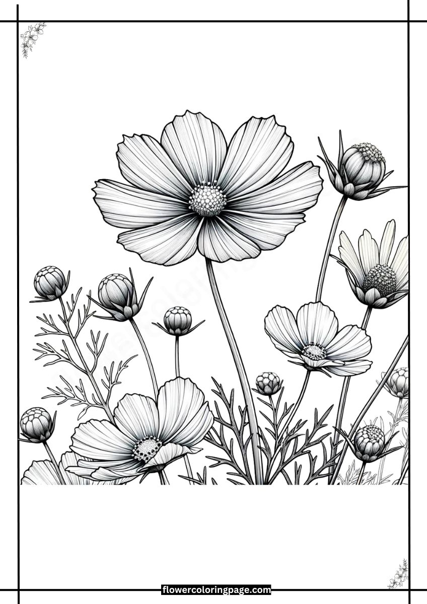 Free Cosmos Coloring Pages Printable PDF - Flower Coloring Page